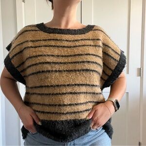 By Together Black and Tan Striped Short-Sleeve Sweater - Large